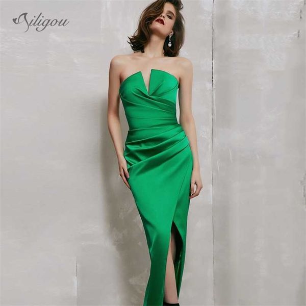 

summer women's fashion strapless dress sleeveless green draped v-neck celebrity party long 210525, Black;gray