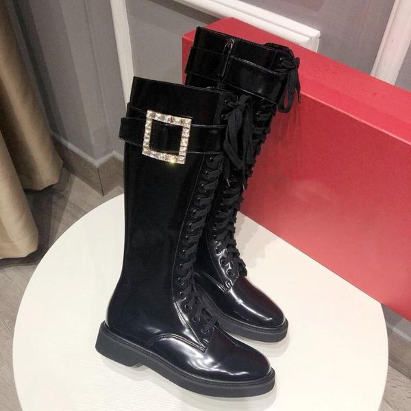 

boots brand long ladies winter shoes women buckle crystal botas de mujer fashion runway females lace up chaussure femme, Black