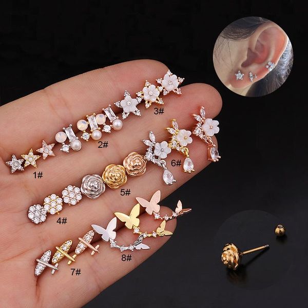 

stud one piece piercing earrings for women fashion jewelry brincos flower butterfly star airplane initial ear cartilage, Golden;silver
