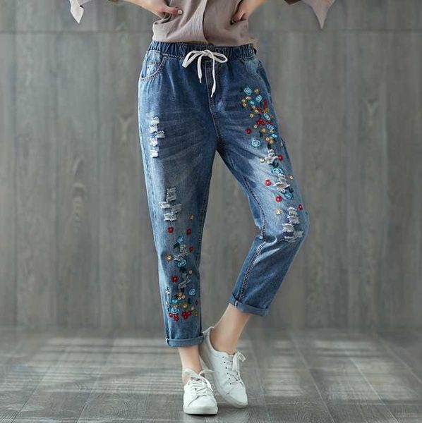 

women's jeans casual plus size embroidery loose thin skinny elastic belt cropped lady hole washed light blue