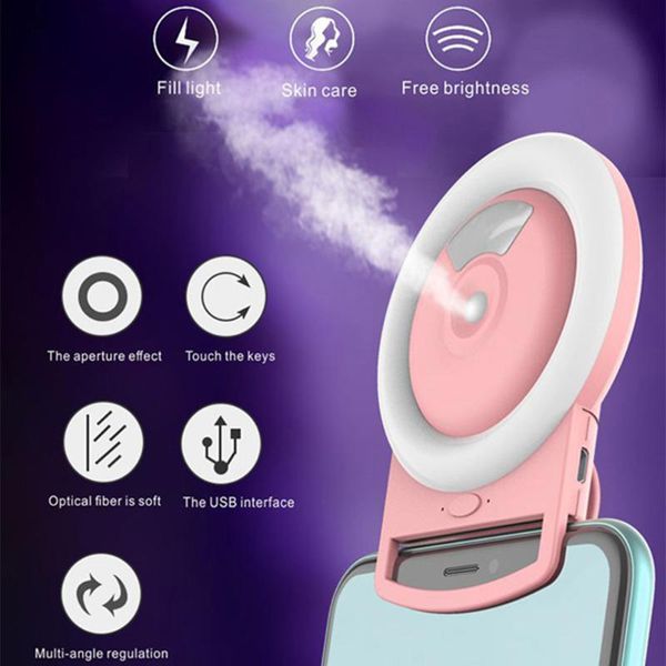 

selfie ring light clip-on fill circle lamp with facial humidifer for smart phone pography camera video makeup flash heads