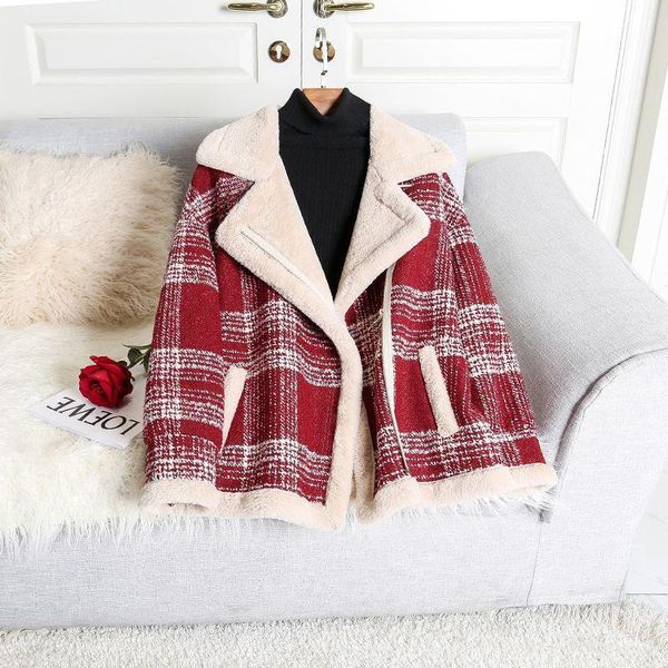 

women's wool & blends women winter plaid woolen fleece jacket red thick warm coat girl loose waist turndown collar elegant mom gift chr, Black