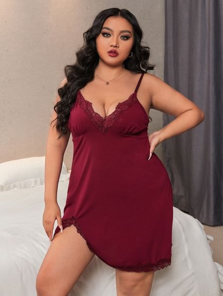 

plus lace trim asymmetrical hem cami nightdress t4it#, Black;white