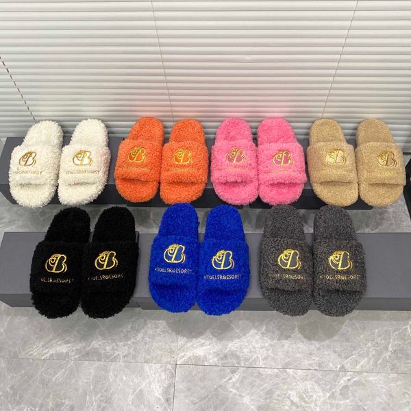 

2021 women furry slide sandals fashion ladies flat furries slippers sandal r woman letter electric embroidery winter fur slides with box siz, Black