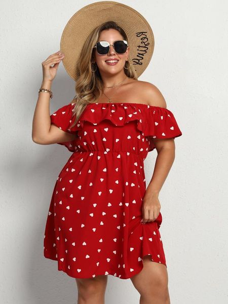 

plus size dresses 2021 fashion women summer dress female slash neck short sleeve heart print ruffles beach red mini, Black