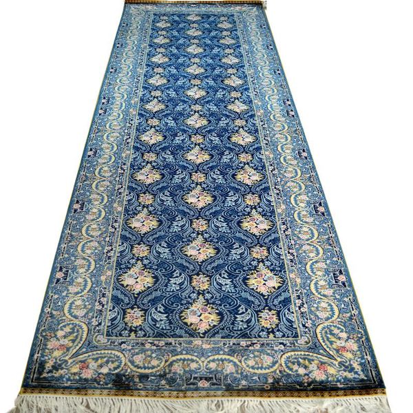 

carpets fangcunjinxiu 2.5x9.84 ft turkish style 100% handmade silk carpet blue classic flowers painting rug for corridor