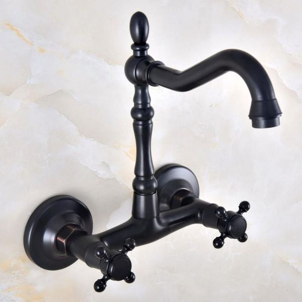 

bathroom sink faucets black oil rubbed brass double hole cross handle kitchen basin faucet mixer / cold tap swivel spout 360' dnf820