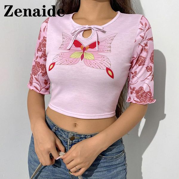 

women's t-shirt zenaide casual crop tee summer butterfly print half sleeve t shirt o neck y2k women pink fashion basic shirts, White