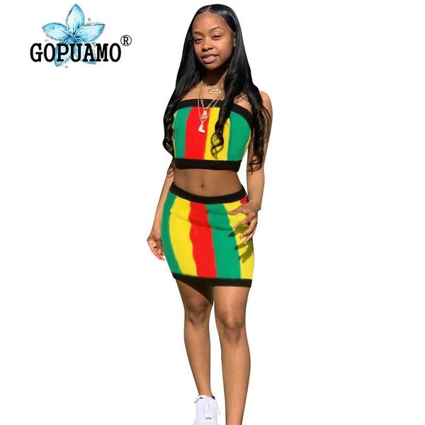 

rainbow striped two piece set summer clothes for women strapless backless crop bodycon mini skirts 2 club outfit women's pants, White
