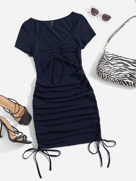 

drawstring knot ruched cut out dress j9s0#, Black;gray