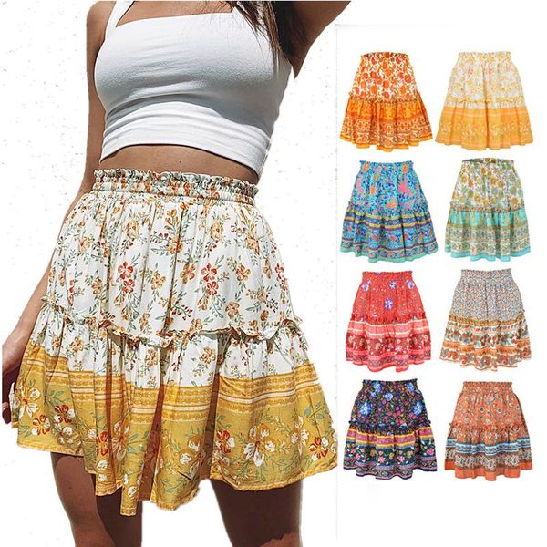 

skirts women boho skirt floral print a-line mini vintage chic ruffles high waist, Black