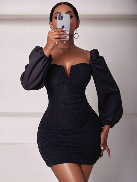 

notched lantern sleeve bodycon dress j8uz#, Black;gray