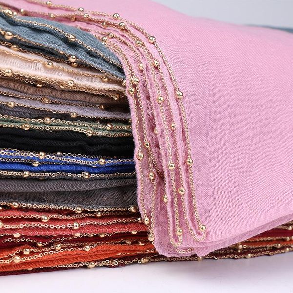 

scarves gold hijab scarf beads muslim cotton chain plain wraps shawls maxi fashion headband long 180*80cm 10pcs/lot, Blue;gray