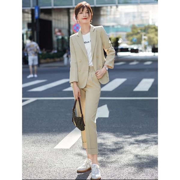 

elegant office work wear pant suits ol 2 piece sets solid double breasted blazer jacket & trousers suit for women set femme women's two, White