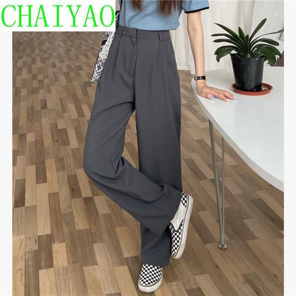 

women's pants & capris grey loose high waist suit for summer casual thin straight leg floor dragging trousers, Black;white
