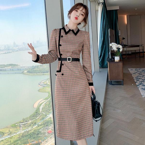 

spring temperament women retro design velvet patchwork plaid side buttons deco casual dress dresses, Black;gray