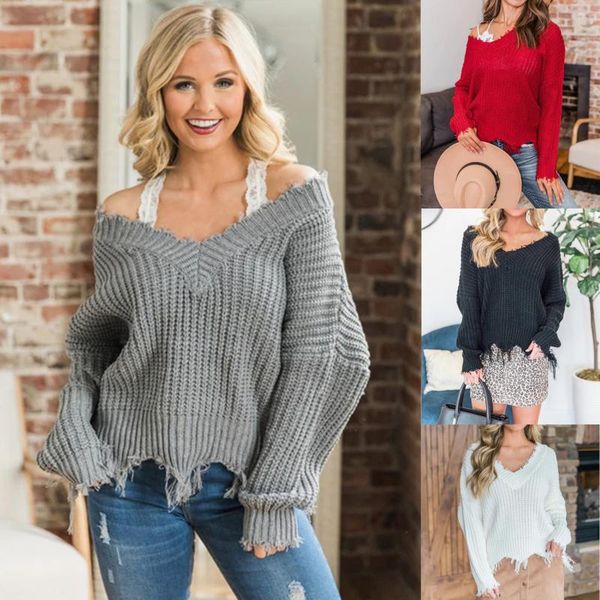 

women's sweaters 2021 autumn winter deep v thick knitted jacket irregular tassel loose wild pullover sweater women oversize, White;black