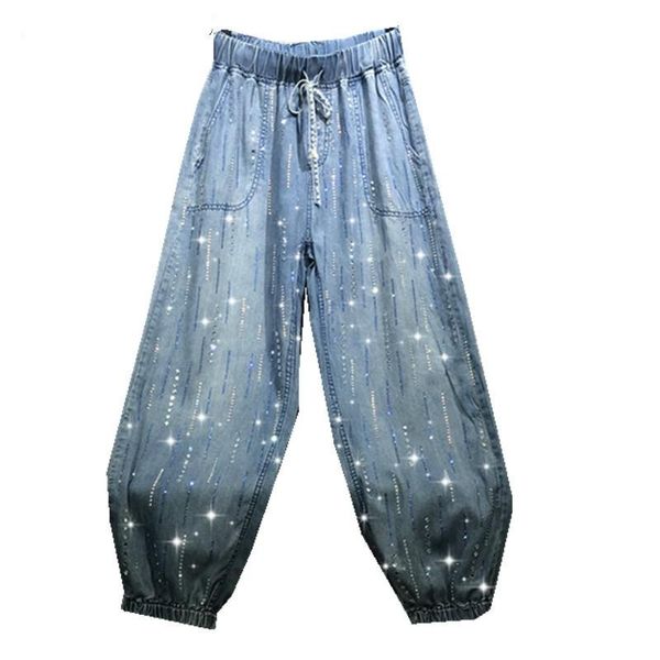 

women's jeans [ewq] women autumn ladies glitter drawstring elastic bead trouser harem denim pants diamond crystal striped hollow trend, Blue