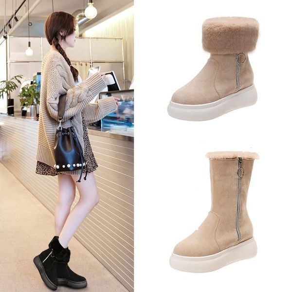

boots 2021 winter women snow warm fur thick bottom shoes gothic woman plush combat ankle, Black