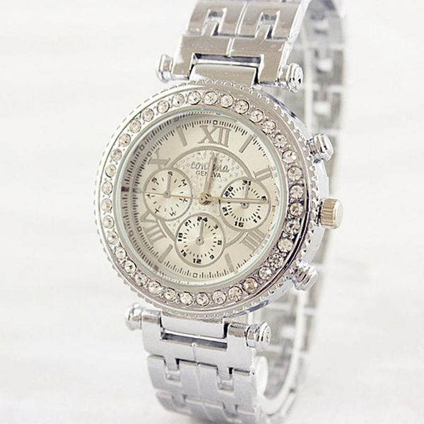 

wristwatches silver watch women bracelet 3 eyes fashion casual ladies watches stainless steel band rhinestone quartz wristwatch, Slivery;brown