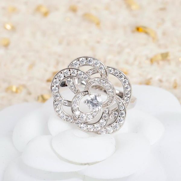 

cluster rings europe luxury pure 925 sterling silver jewelry for women camellia flowers exquisite romance gifts, Golden;silver