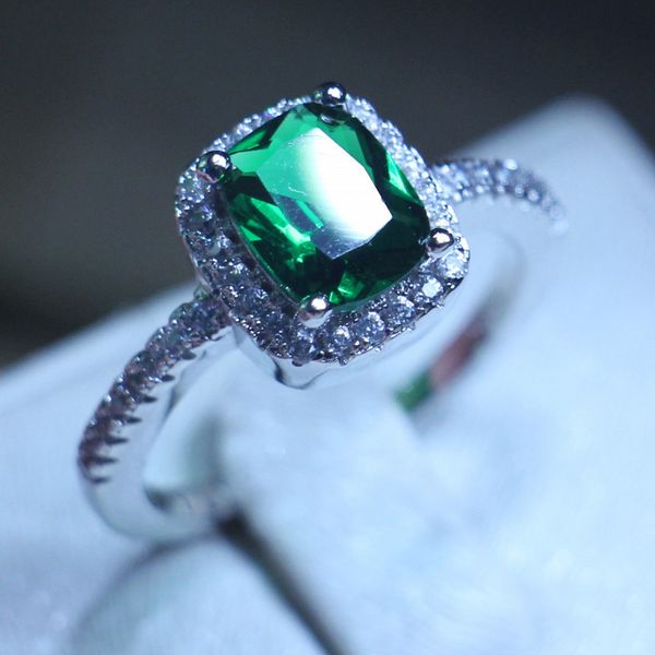 Женская мода ювелирные изделия подушка огранки 3ct 5A зеленый циркон 5A циркон камень стерлингового серебра 925 обручальное обручальное кольцо