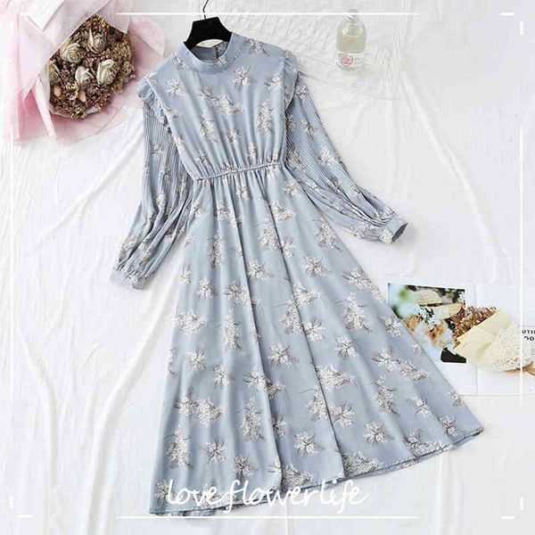 

elegant o-neck women midi dress casual elastic waist long sleeve print a-line chiffon dresses vintage party vestidos 210521, Black;gray