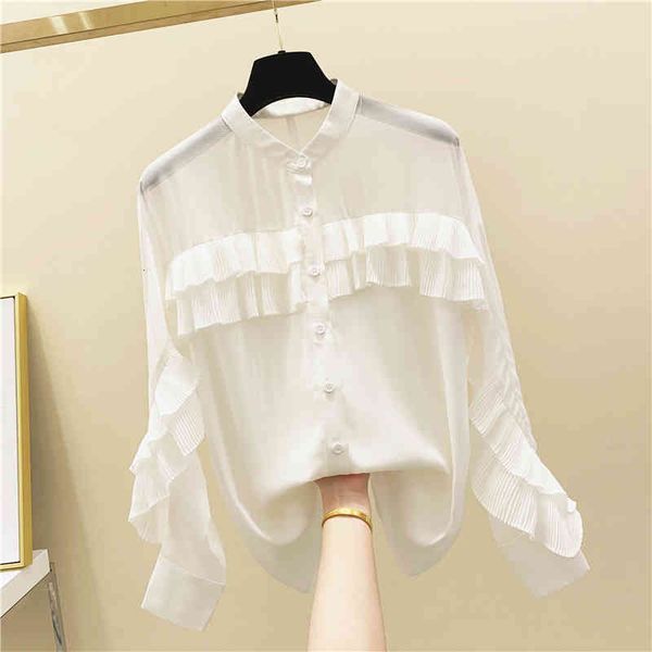

blouses ruffled stand collar chiffon shirt women's summer autumn long sleeve korean-style retro blouse ladies blusas blusa, White