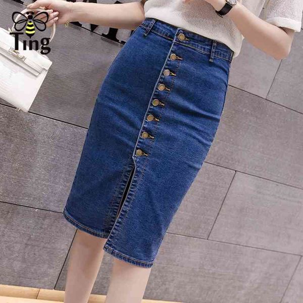 

women skirt jeans single breasted jupe slim ladies rokjes pencil denim skirts split streetwear saias 210513, Black