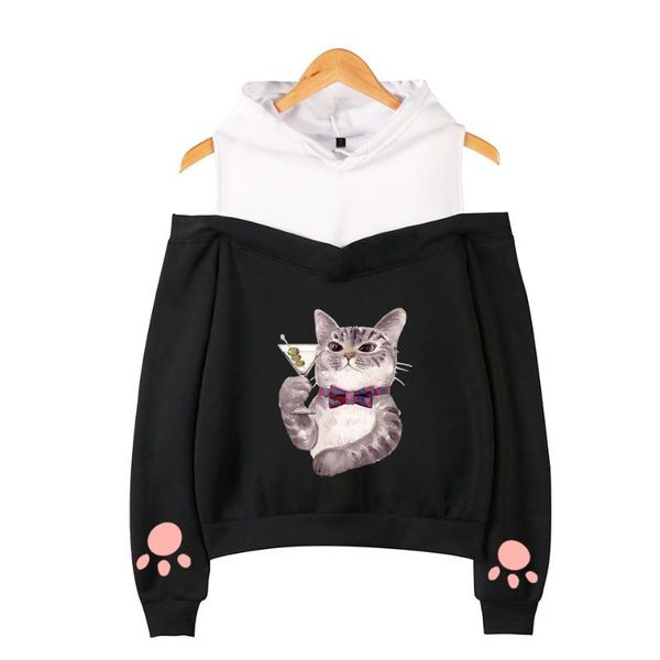 

women's hoodies & sweatshirts cute cat kawaii 2021 printed off-shoulder streetwear fashion autumn harajuku sweatshirt, Black
