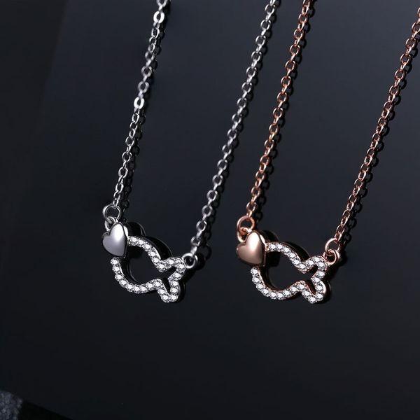 

s925 pure silver necklace super cute little fish love inlaid zircon pendant korean fashion jewelry, Black