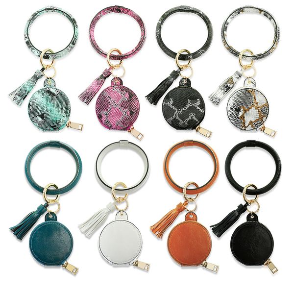 

fashion hand ring women wristband keychain solid color pu leather fashion carry mirror cosmetic bag snake skin bracelet keychains, Slivery;golden