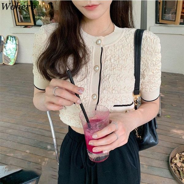 

women's knits & tees woherb 2021 summer short sleeve women blouses casual office shirts koreanladies female clothing elegant blusas, White