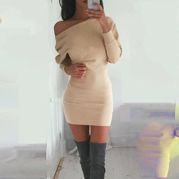 

casual dresses long sleeve jumper mini dress women 2021 winter elegant one shoulder strapless celebrity runway party #t3g, Black;gray