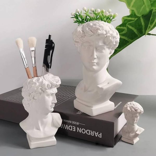 

vases 16cm creative pen holder david portrait human head vase makeup brush storage box flower pot home decoration resin crafts