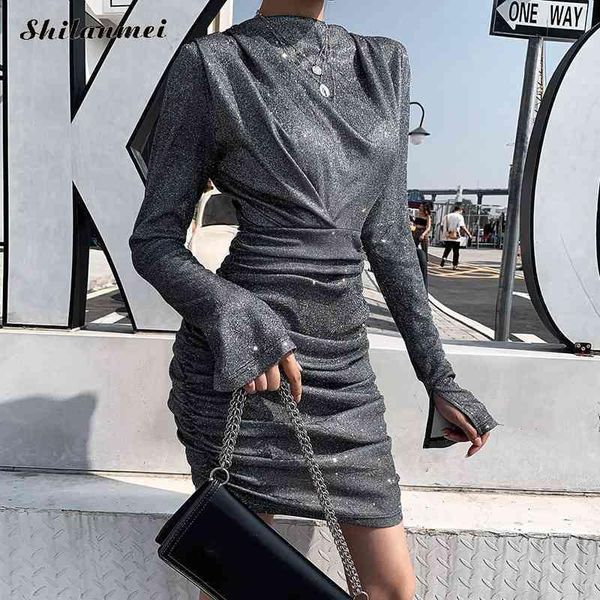 

casual dresses silver sequin dress women long sleeve ruched evening party shining turtleneck mini bodycon slim club vestido, Black;gray