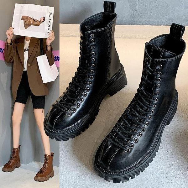 

boots women ankle 2021 winter fashion platform zipper female motorcycle women's patent leather lace up, Black
