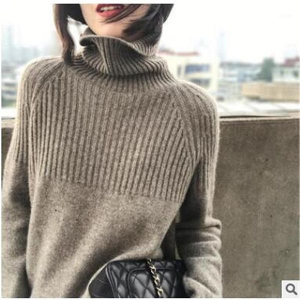 

autumn 2021 women high collar pure color long sleeve kniting sweater lazy wind style casual loose thick warm pullovers women's sweaters, White;black