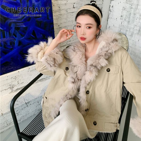 Kış Sıcak Tilki Kürk Parka Ceket Kadın Haki Yaka Bulanık Boy Kore Ceket Moda Palto 210427