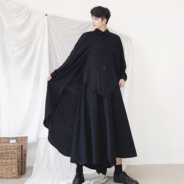 

men's casual shirts men long sleeve loose causal black white shirt cloak male japan streetwear hip hop gothic cardigan stage show cloth, White;black