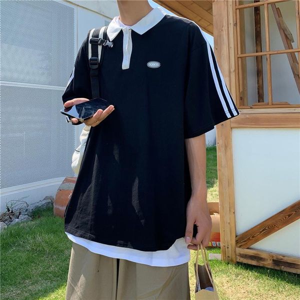 

men's polos shirt simple trendy brand lapel short-sleeved t-shirt hong kong style youth half-sleeved oversized for lovers, White;black
