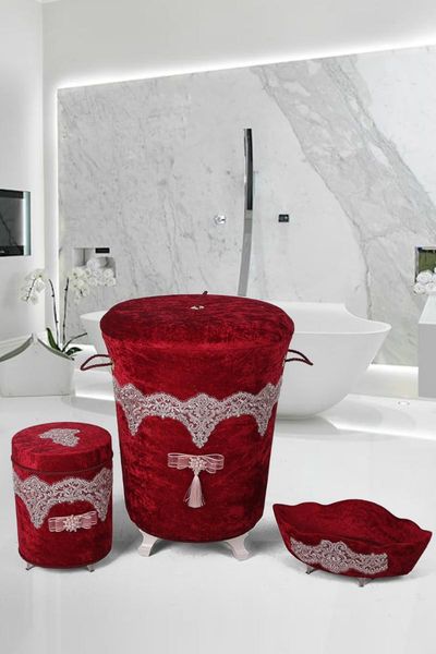 

bonny home luxury burgundy pcs set velvet bath laced dirty laundry basket team mats