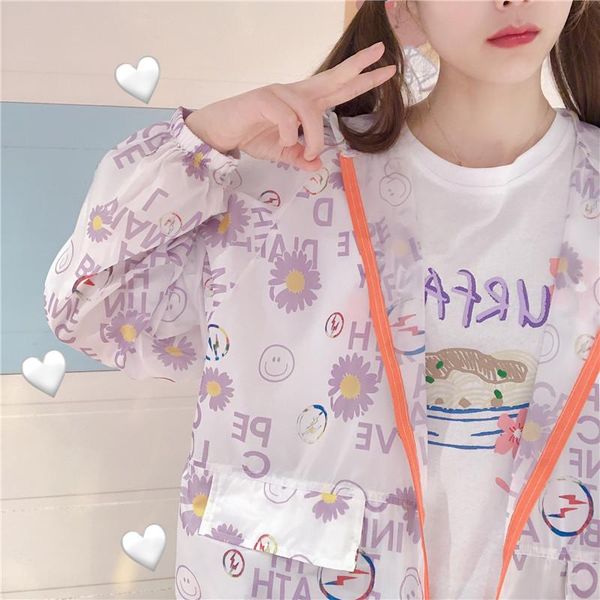 

women's jackets cute little daisy sun protection coat 2021 summer loose korean wild long sleeve hooded bat jacket college style, Black;brown