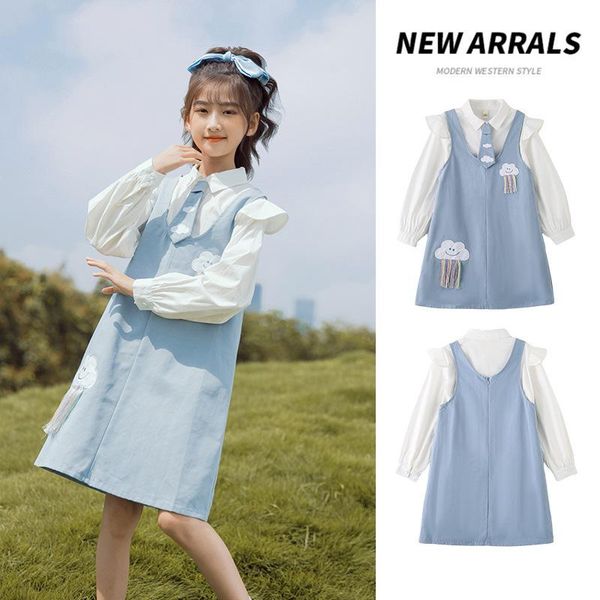

clothing sets fall girls' lapel long sleeve shirt + casual loose strap skirt kids for girls 120-170cm retail, White