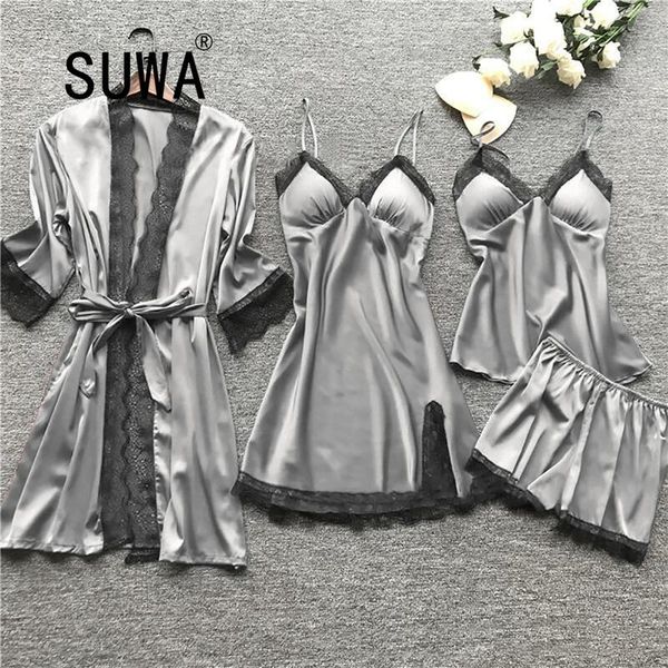 

wholesale satin lace pajamas sets womens 5pc strap pants suit sleepwear spring autumn home wear nightwear bath gown -5xl women's track, Gray