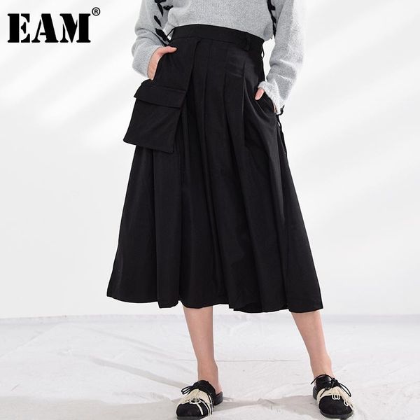 

skirts [eam] high waist black pocket spliced pleated temperament half-body skirt women fashion tide spring autumn 2021 1u32601