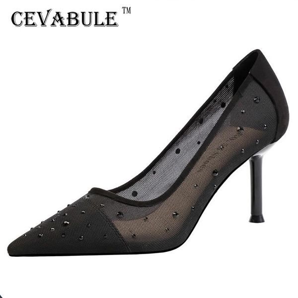 

dress shoes cevabule 7.5cm 2021 summer fashion pointed rhinestone mesh high heels shallow mouth breathable banquet women's lsj, Black