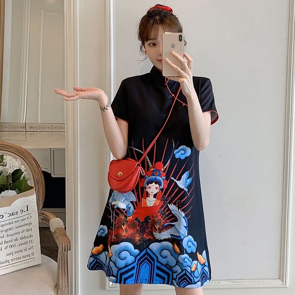 

traditional chinese hanfu qi pao women retro cheongsam girl japanese harajuku style vintage opera print party qipao dress 11906, Red