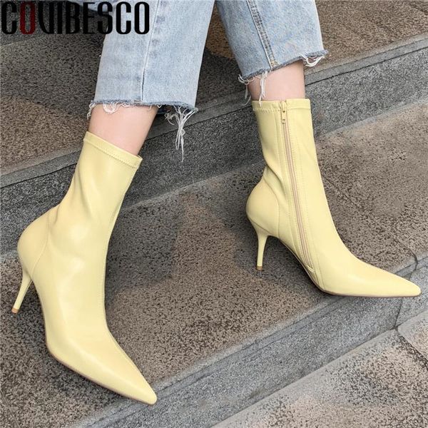 

boots covibesco pointed toe thin heels women ankle fashion concise office lady party casual side zipper stretch shoes woman, Black