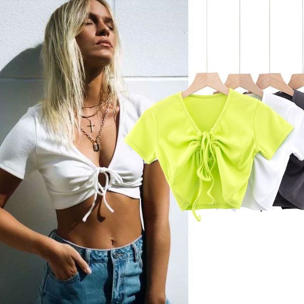 

t shirt 2021 spring fashion v-neck short sleeve chest draw lace ultra slim women's, White